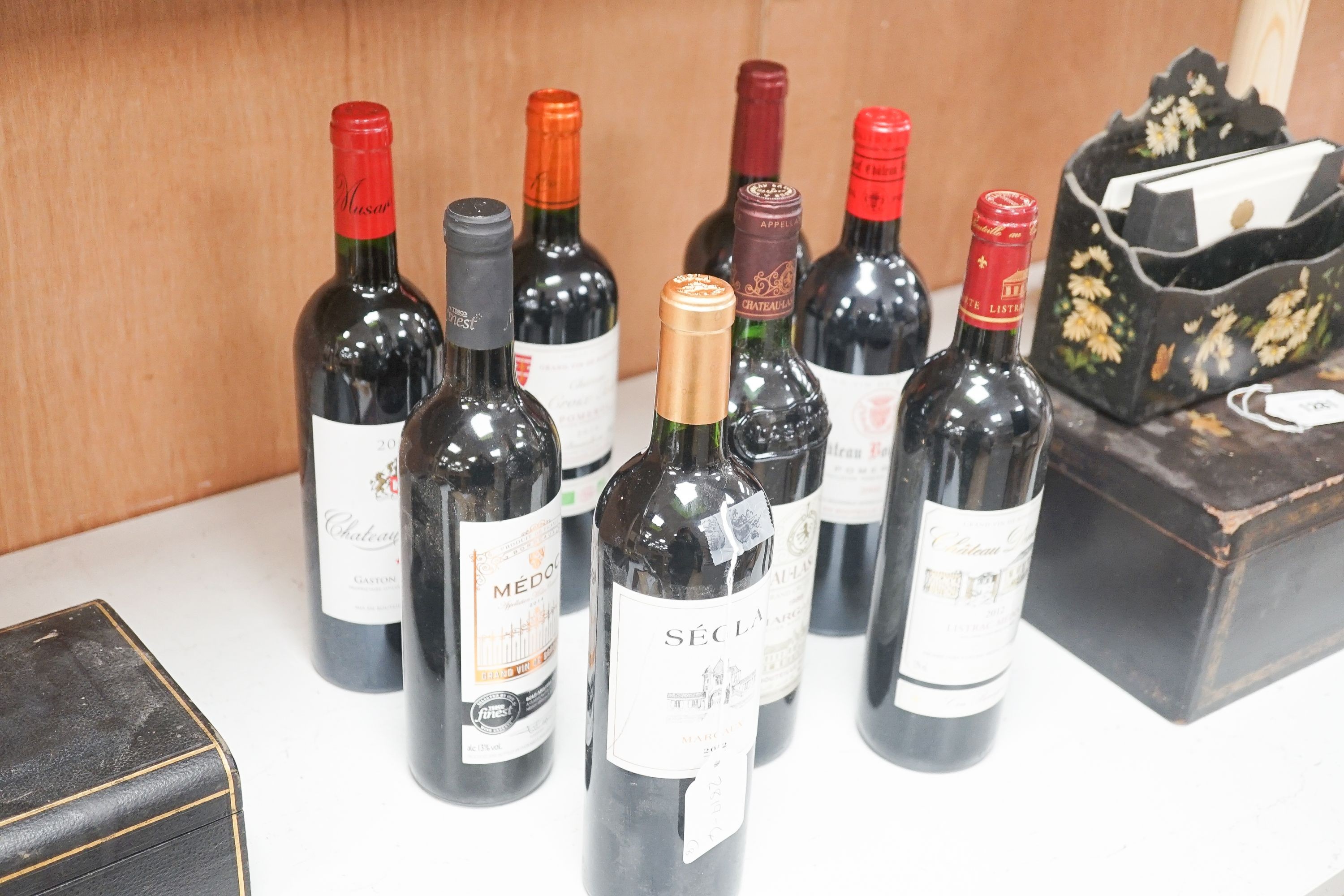 Seven assorted Bordeaux wines, including Segla, Margaux, 2012, Moulin de la Bridane, St. Julien, 2013, La CroixTaillefer, Pomerol, 2014, Borgneuf, Pomerol, 2008 and Lascombes, Margaux, 1988 and one bottle of Chateau Musa